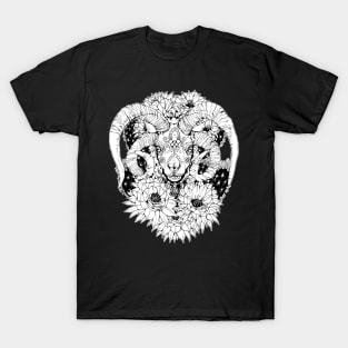 Painted Skull in Flowers - Black and White T-Shirt